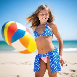 A young girl wearing a bikini, standing on a sunny beach with clear blue skies and gentle waves in the background