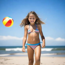 A young girl wearing a bikini, standing on a sunny beach with clear blue skies and gentle waves in the background