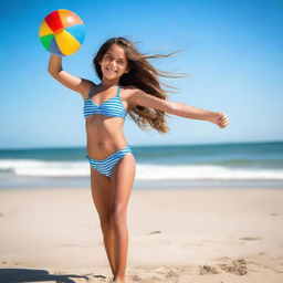 A young girl wearing a bikini, standing on a sunny beach with clear blue skies and gentle waves in the background