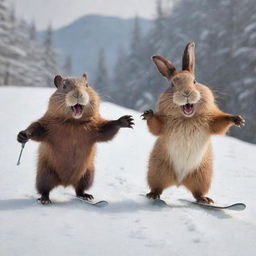 A dynamic image of a beaver and a bunny, both displaying joyful expressions, as they ski down a snowy slope together. Their friendship and happiness are expressed through their energetic poses and gleeful faces.