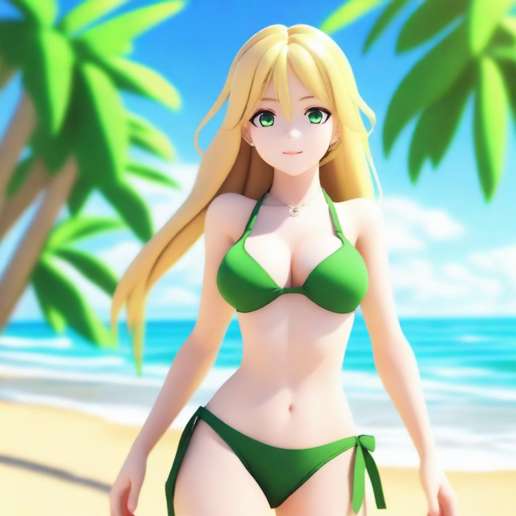 A high-quality 3D rendering of an anime girl with long blonde hair and green eyes at the beach