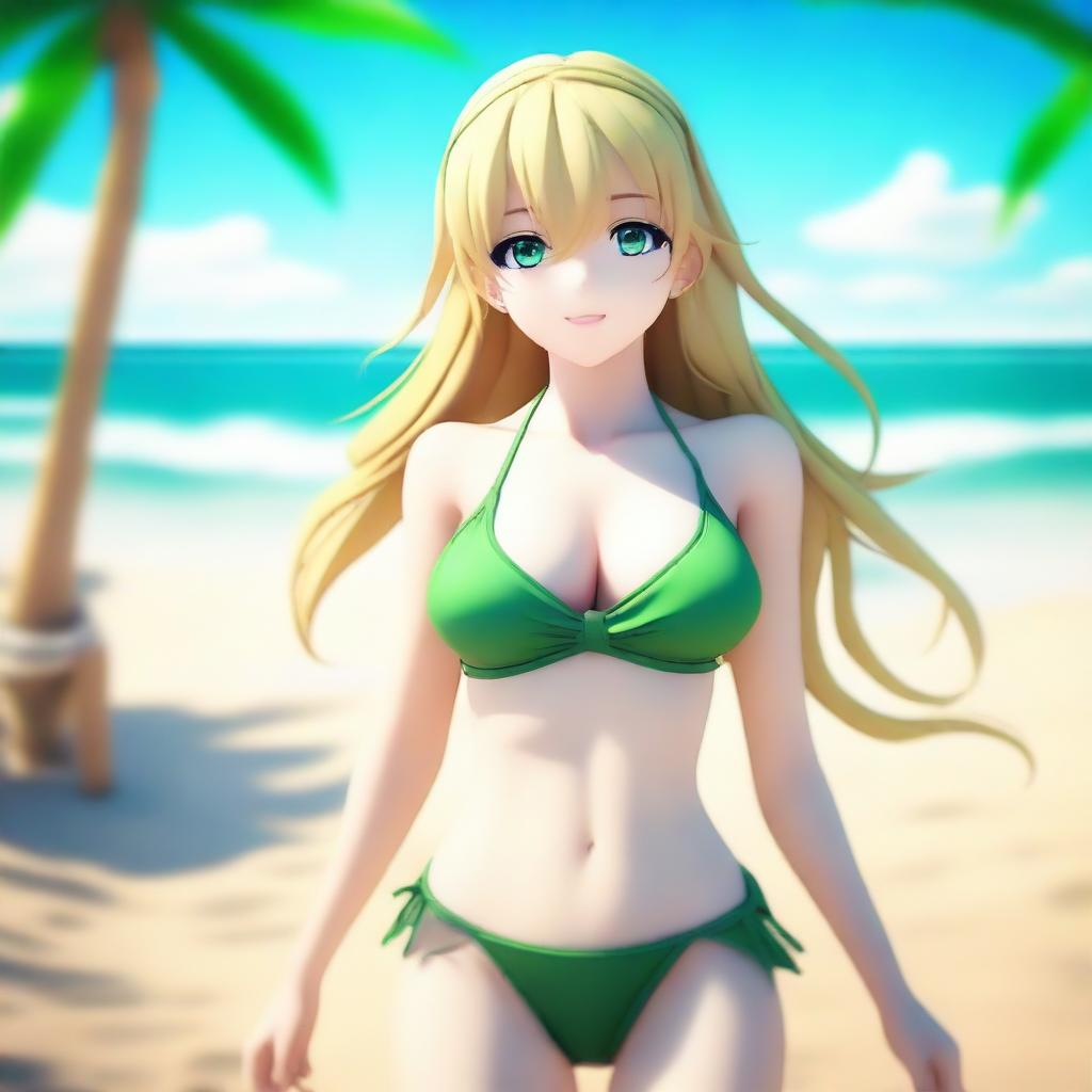 A high-quality 3D rendering of an anime girl with long blonde hair and green eyes at the beach