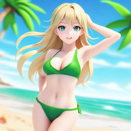 A high-quality 3D rendering of an anime girl with long blonde hair and green eyes at the beach