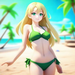 A high-quality 3D rendering of an anime girl with long blonde hair and green eyes at the beach