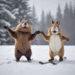 A dynamic image of a beaver and a bunny, both displaying joyful expressions, as they ski down a snowy slope together. Their friendship and happiness are expressed through their energetic poses and gleeful faces.