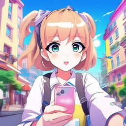 A young anime girl taking a selfie with a cute, playful expression