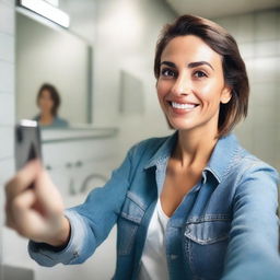 A highly realistic, high-resolution 15k image of a woman taking a selfie in a bathroom