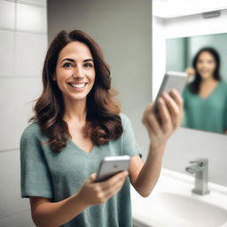 A highly realistic, high-resolution 15k image of a woman taking a selfie in a bathroom