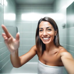 A highly realistic, high-resolution 15k image of a woman taking a selfie in a bathroom