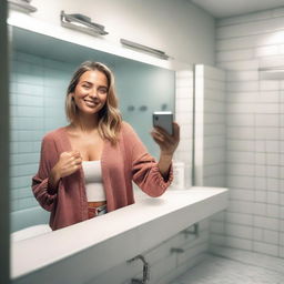 A highly realistic, high-resolution 15k image of a woman taking a selfie in a bathroom