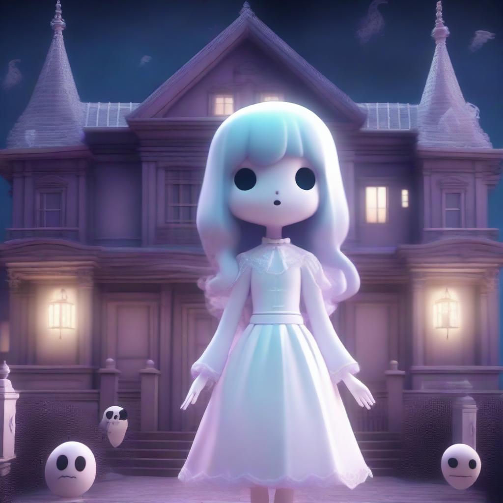 A high-resolution, 3D-rendered image of a haunted mansion featuring a ghost girl with a see-through body