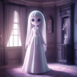 A high-resolution, 3D-rendered image of a haunted mansion featuring a ghost girl with a see-through body