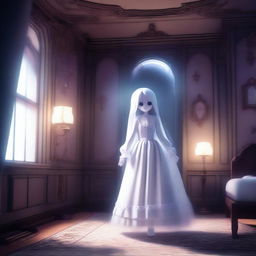 A high-resolution, 3D-rendered image of a haunted mansion featuring a ghost girl with a see-through body