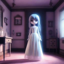 A high-resolution, 3D-rendered image of a haunted mansion featuring a ghost girl with a see-through body