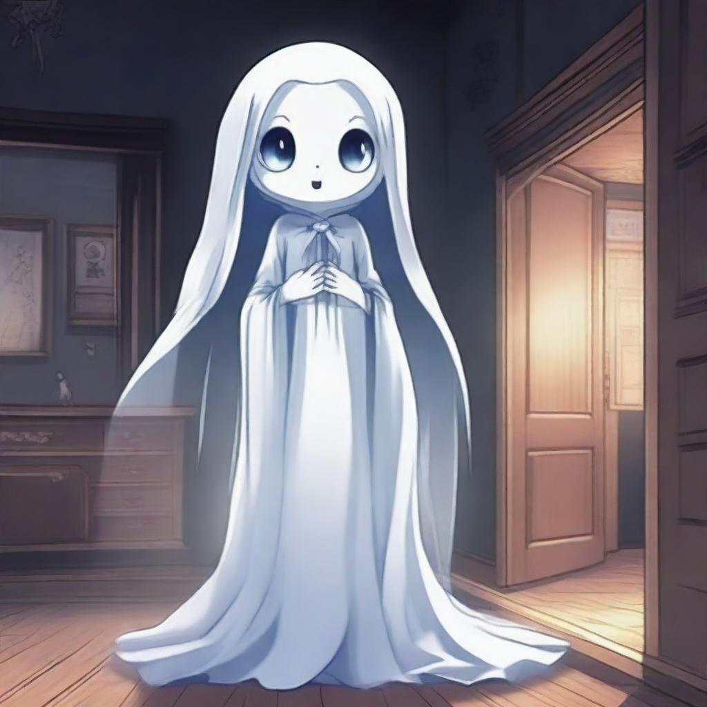 A kawaii anime ghost girl with a see-through body, floating in a haunted house