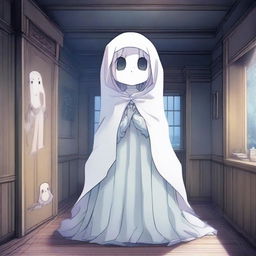 A kawaii anime ghost girl with a see-through body, floating in a haunted house