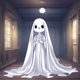 A kawaii anime ghost girl with a see-through body, floating in a haunted house