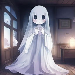 A kawaii anime ghost girl with a see-through body, floating in a haunted house