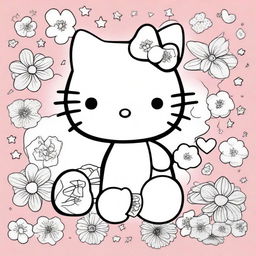 A cute Hello Kitty illustration designed for a colouring book page