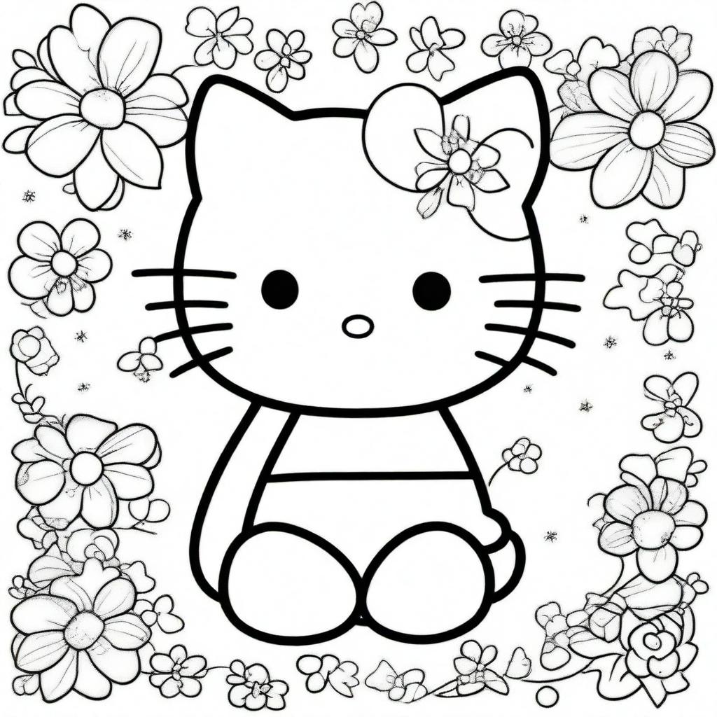 A cute Hello Kitty illustration designed for a colouring book page