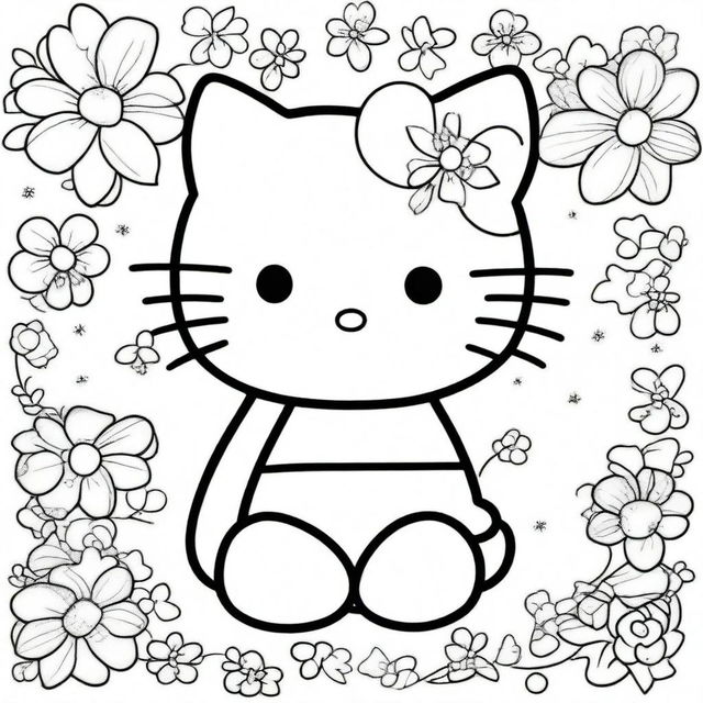 A cute Hello Kitty illustration designed for a colouring book page