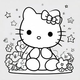 A cute Hello Kitty illustration designed for a colouring book page