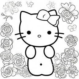 A cute Hello Kitty illustration designed for a colouring book page