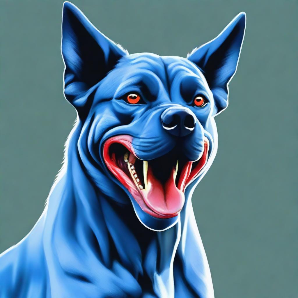 A realistic portrait of a blue-colored dog with many muscles and large red teeth