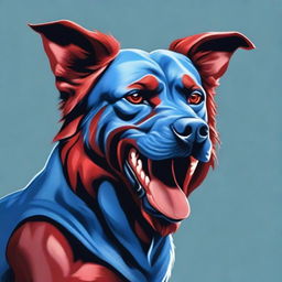 A realistic portrait of a blue-colored dog with many muscles and large red teeth