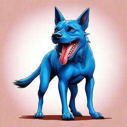 A realistic portrait of a blue-colored dog with many muscles and large red teeth