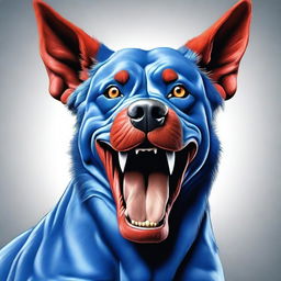 A realistic portrait of a blue-colored dog with many muscles and large red teeth