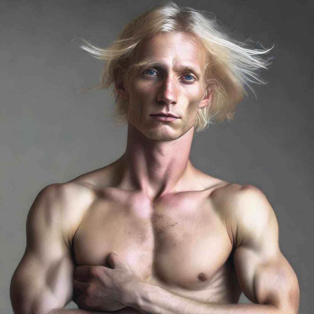 A realistic portrait of a blonde man with four arms, a long neck, and three legs