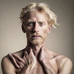 A realistic portrait of a blonde man with four arms, a long neck, and three legs