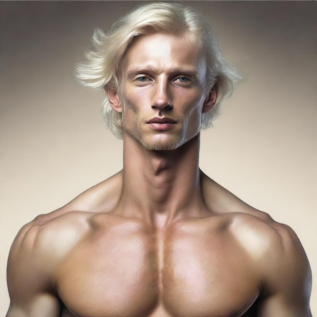 A realistic portrait of a blonde man with four arms, a long neck, and three legs