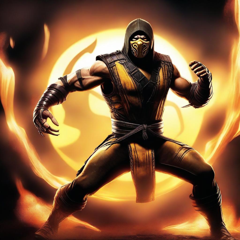 A detailed portrait of Scorpion from Mortal Kombat engaged in an intense fight with a large, muscular opponent