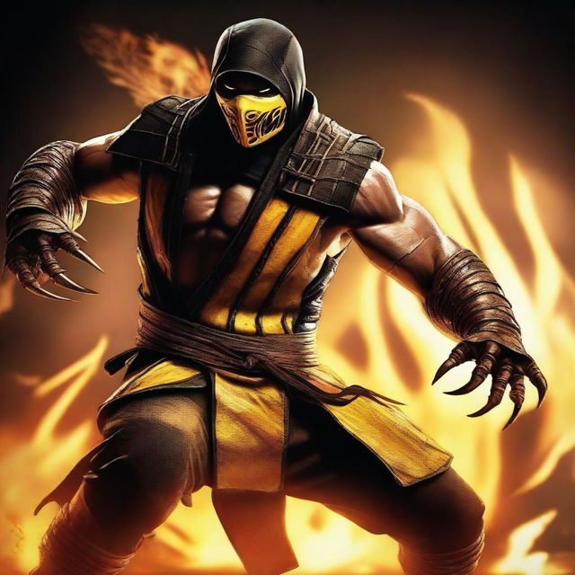 A detailed portrait of Scorpion from Mortal Kombat engaged in an intense fight with a large, muscular opponent