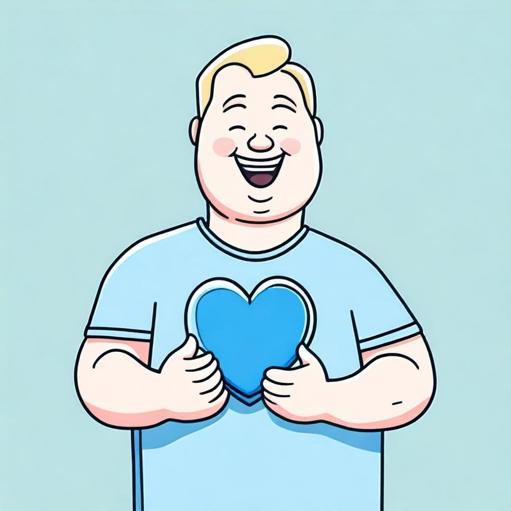 A chubby blonde man holding a blue heart in his hand