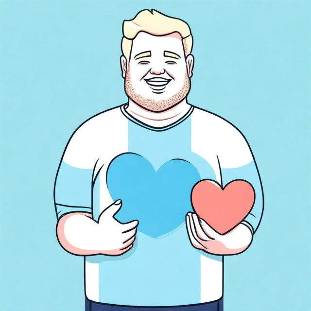 A chubby blonde man holding a blue heart in his hand