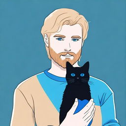 A real-life blonde man with a beard holding a black cat and a blue heart