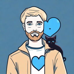 A real-life blonde man with a beard holding a black cat and a blue heart