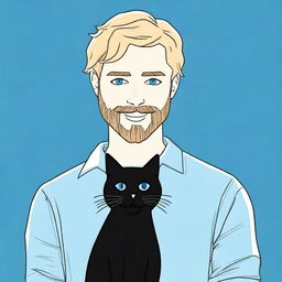 A real-life blonde man with a beard holding a black cat and a blue heart