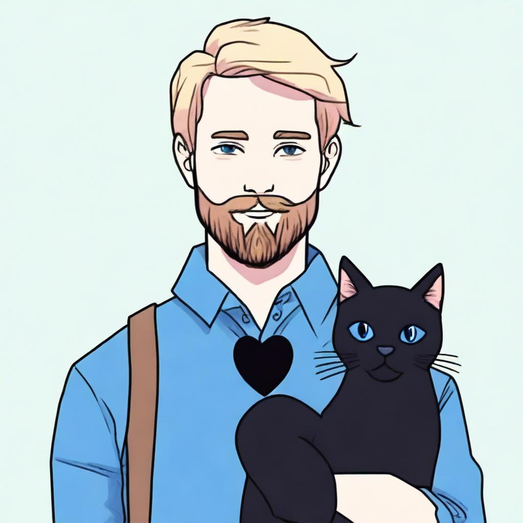 A real-life blonde man with a beard holding a black cat and a blue heart