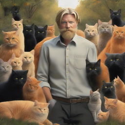 A realistic depiction of a blonde man with a beard, accompanied by a gray cat, a black cat, and many orange cats