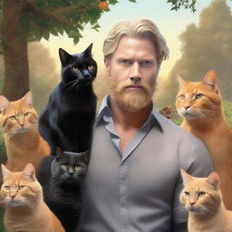 A realistic depiction of a blonde man with a beard, accompanied by a gray cat, a black cat, and many orange cats