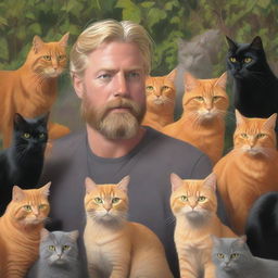 A realistic depiction of a blonde man with a beard, accompanied by a gray cat, a black cat, and many orange cats