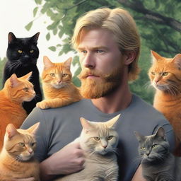 A realistic depiction of a blonde man with a beard, accompanied by a gray cat, a black cat, and many orange cats