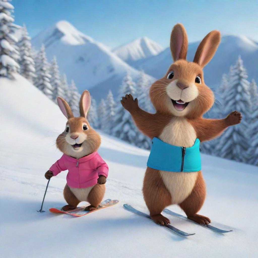 A vibrant cartoon scene of a beaver and a bunny showcasing joy and camaraderie, skiing down a snowy mountain together. Their exuberance and fun-filled interaction animating the winter landscape.