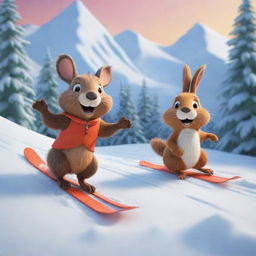 A vibrant cartoon scene of a beaver and a bunny showcasing joy and camaraderie, skiing down a snowy mountain together. Their exuberance and fun-filled interaction animating the winter landscape.