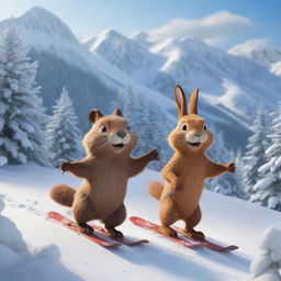 A vibrant cartoon scene of a beaver and a bunny showcasing joy and camaraderie, skiing down a snowy mountain together. Their exuberance and fun-filled interaction animating the winter landscape.