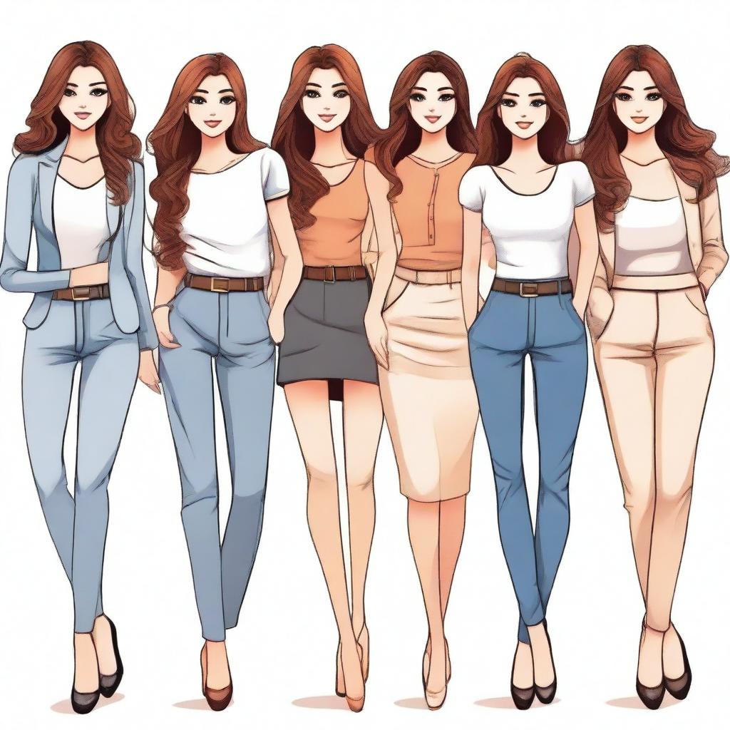 Draw a group of beautiful and alluring young women with elegant and charming appearances